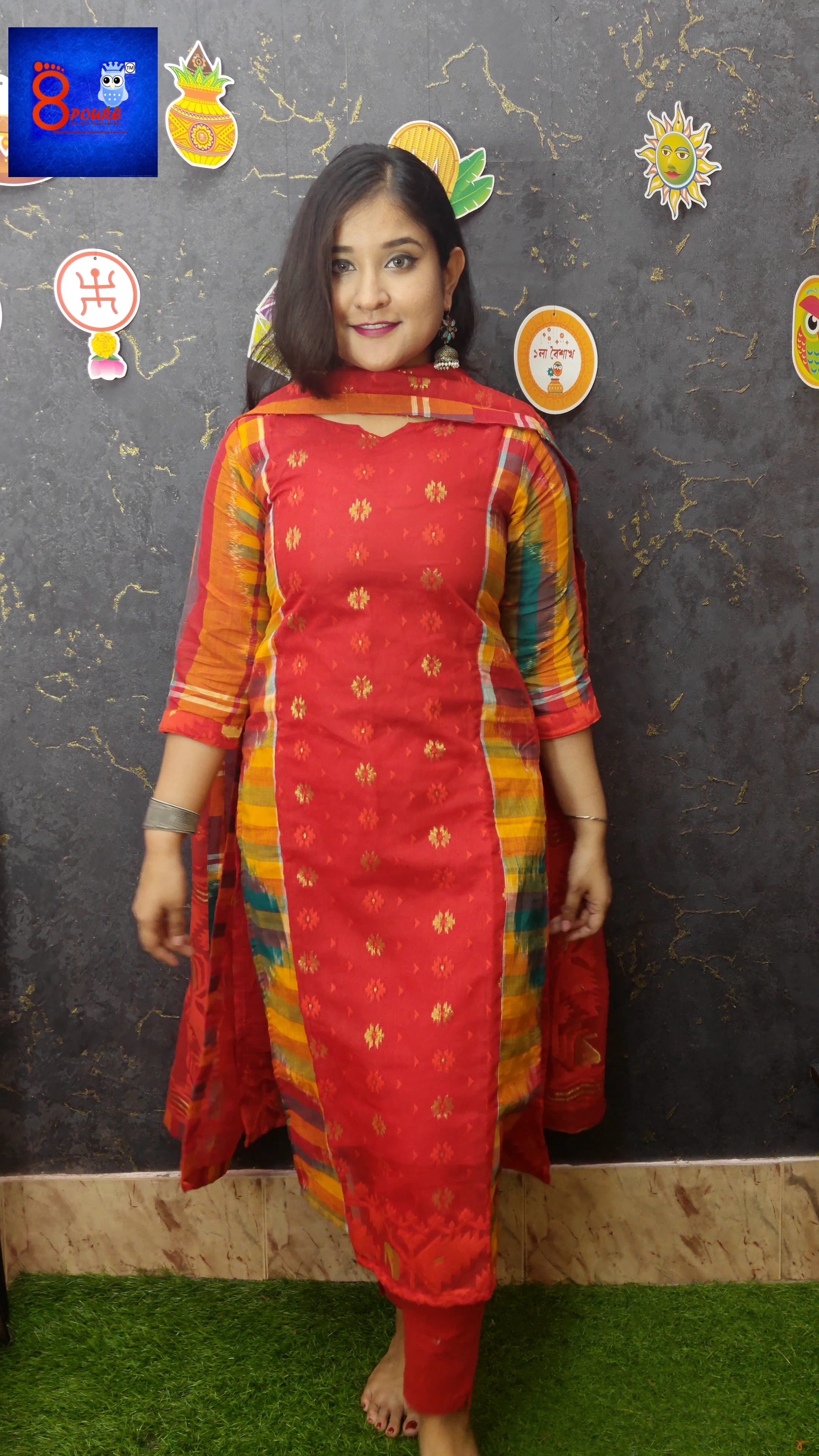 Jamdani Gamcha Patch work kurti  Dupatta | Red  Yellow | JKD 66