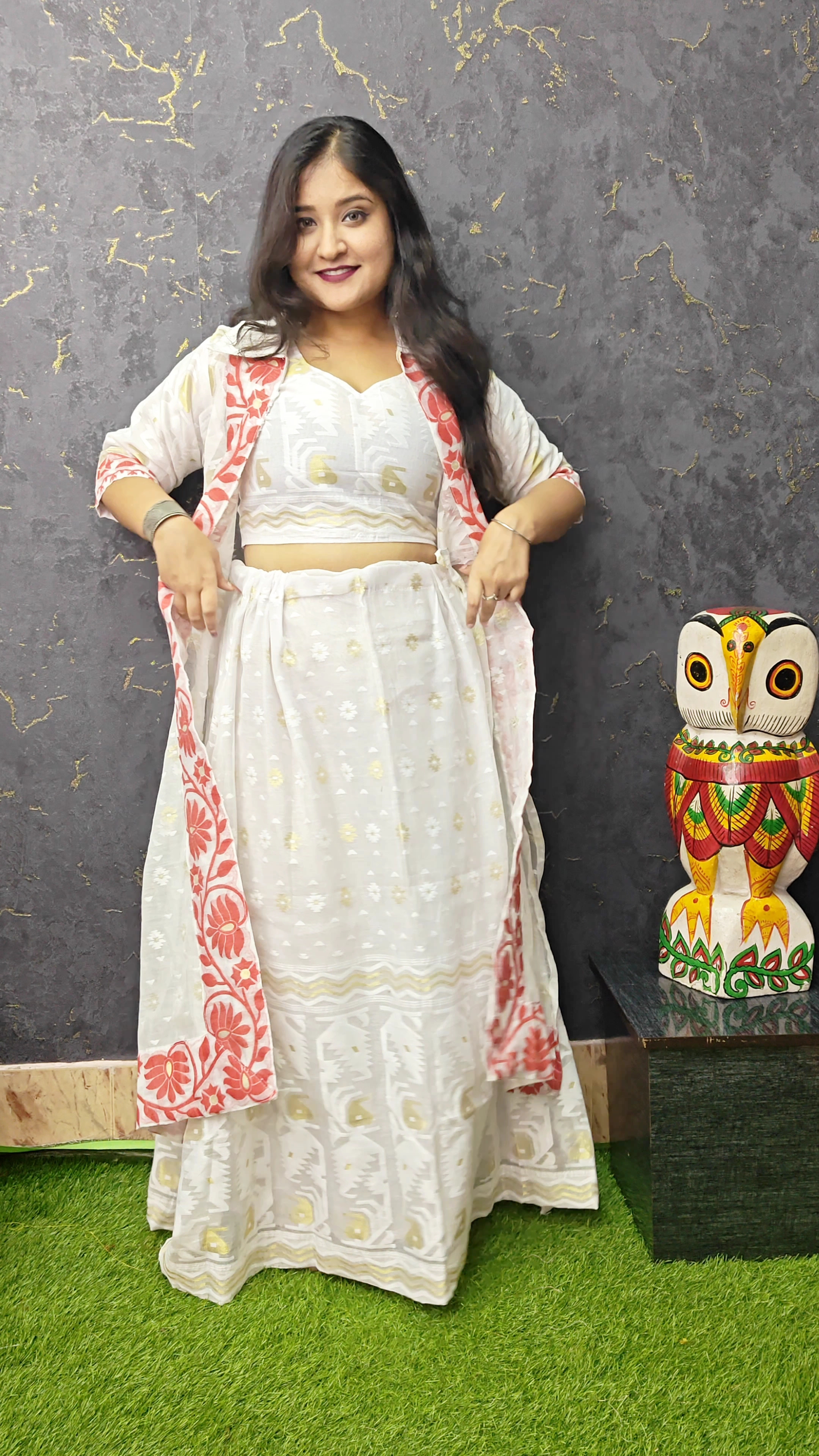 Jamdani Lehenga 3pc Set | White Red | JL 03