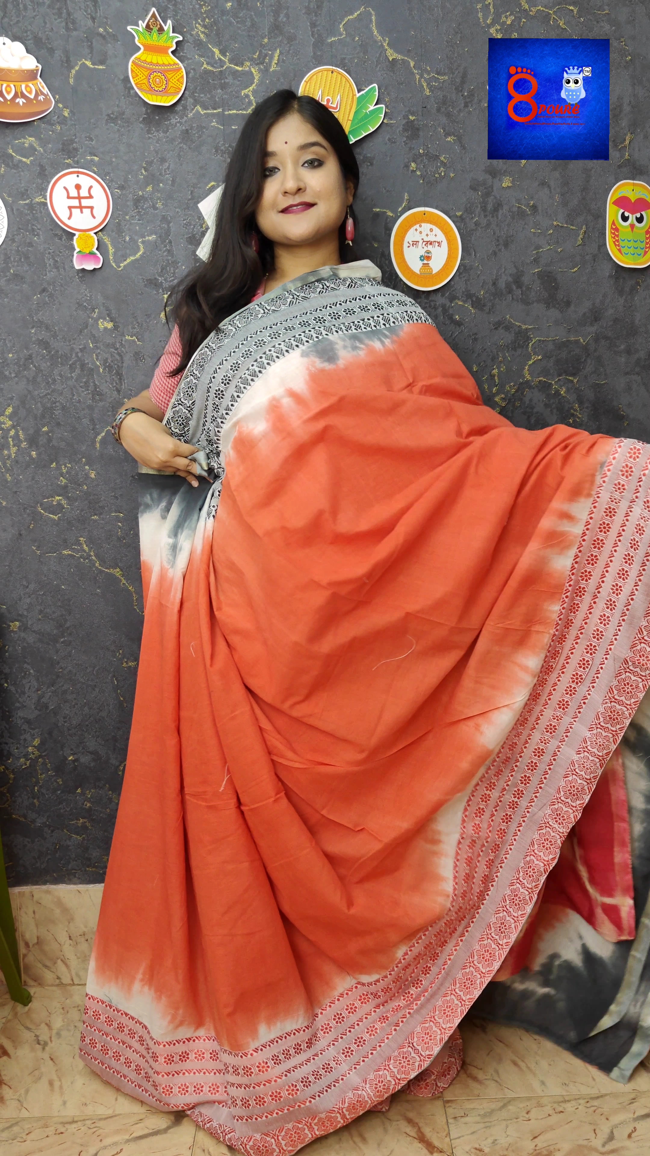Shivory Jamdani Saree | Orange  black | SJS 03