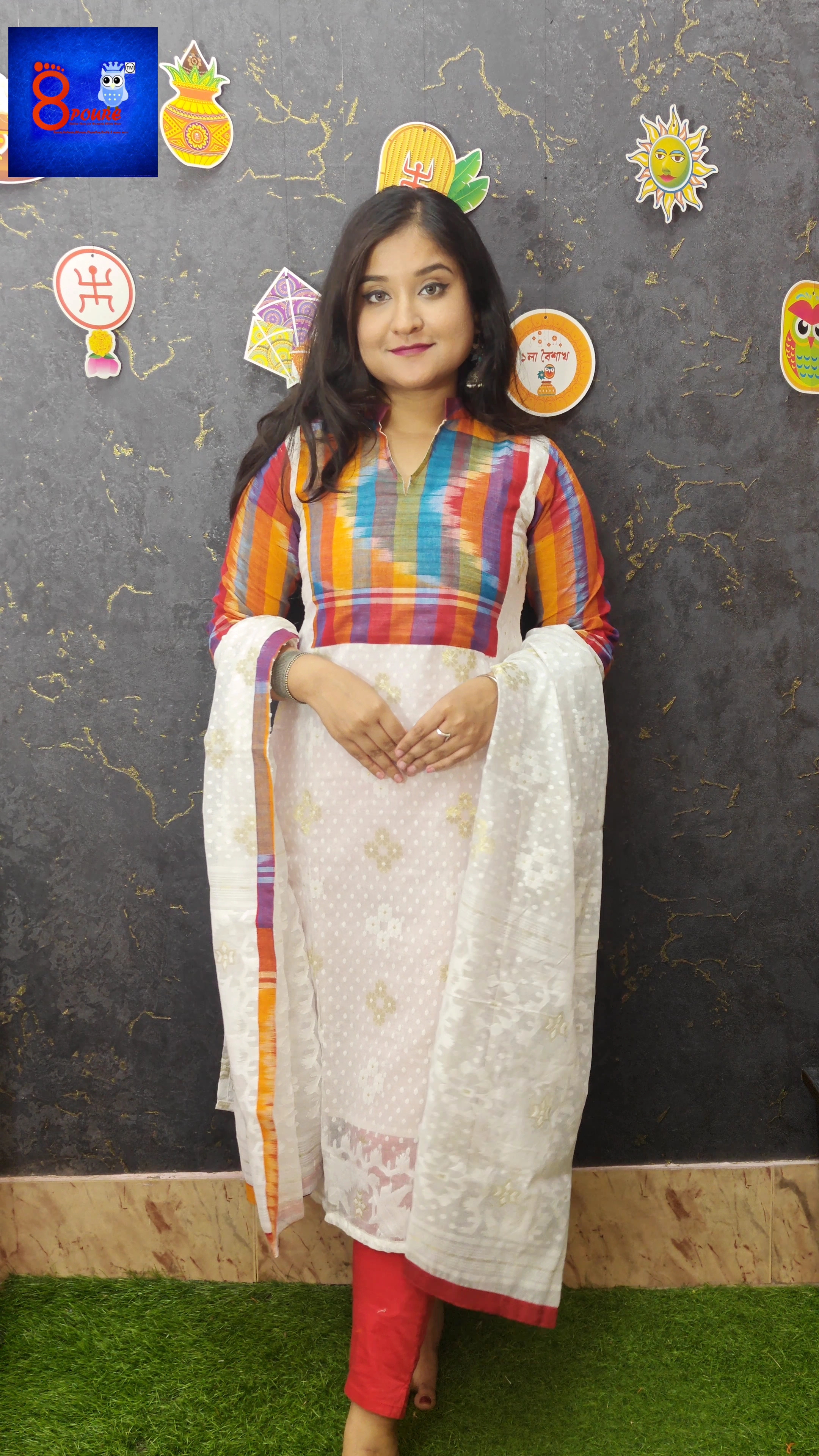 Jamdani Gamcha Patch work Kurti  Dupatta  | White | JKD 67