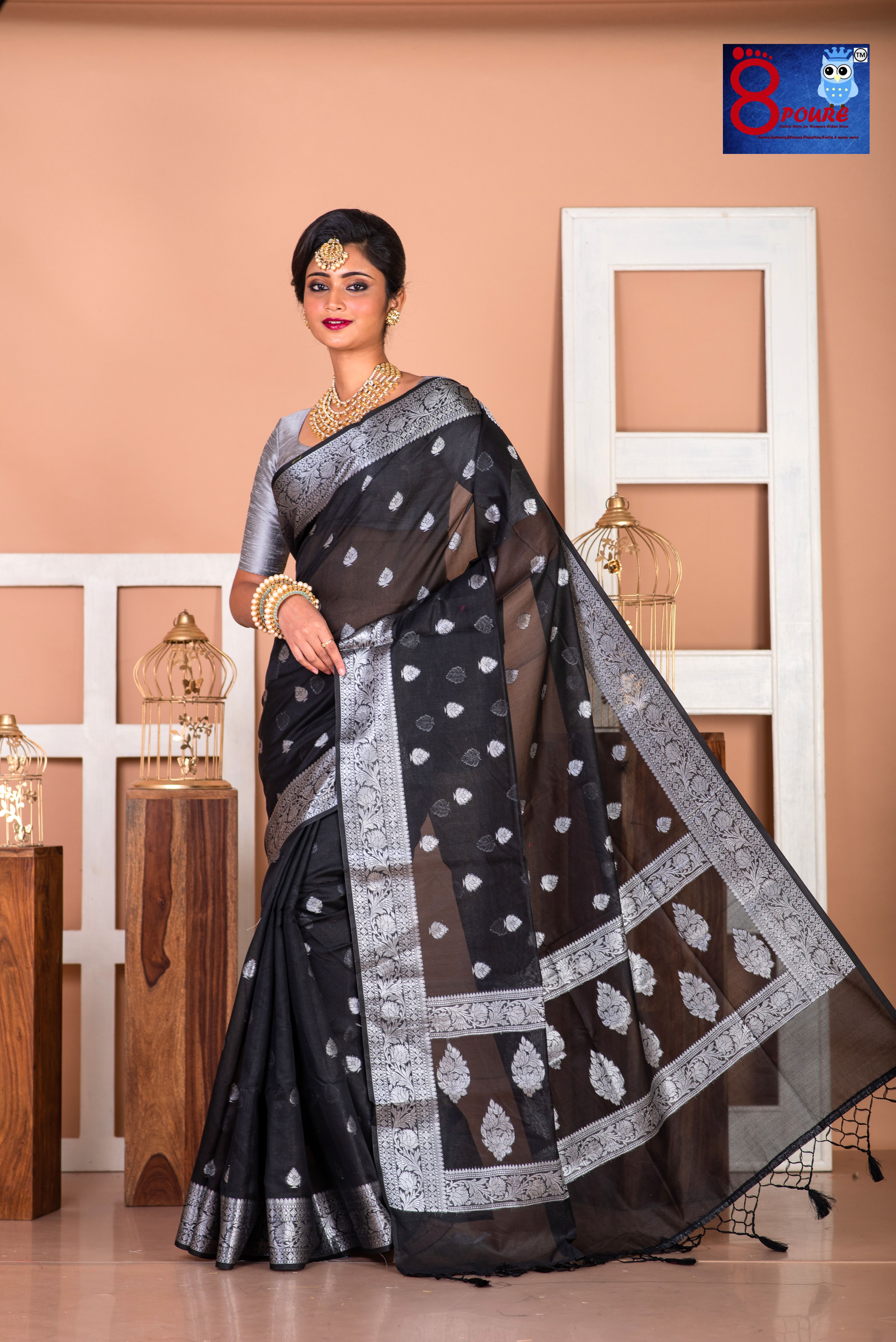 Pure Organza Silver Boota Weaved Saree | Black| POS 07