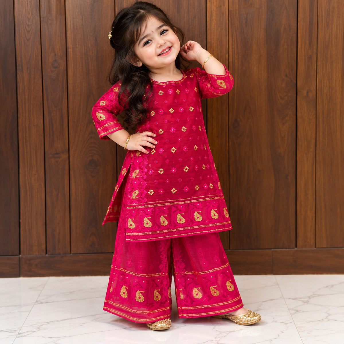 Jamdani Palazzo Set | Fuchsia Pink