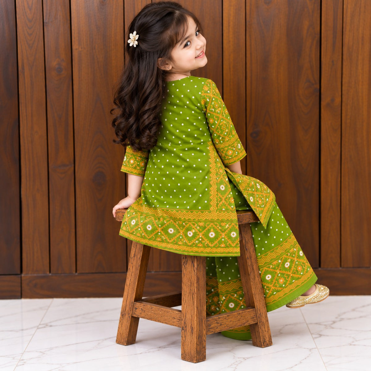 Jamdani Palazzo Set | Olive Green