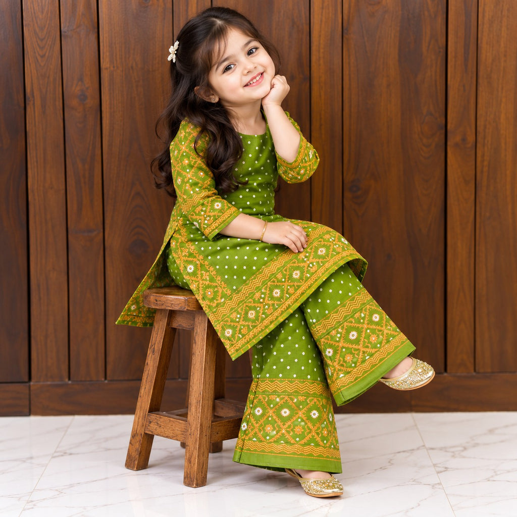 Jamdani Palazzo Set | Olive Green
