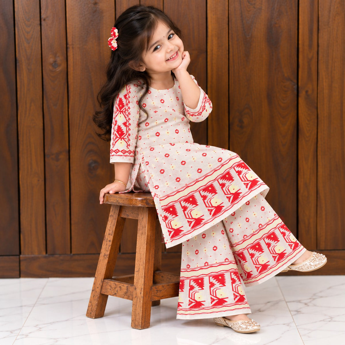 Jamdani Palazzo Set | White red