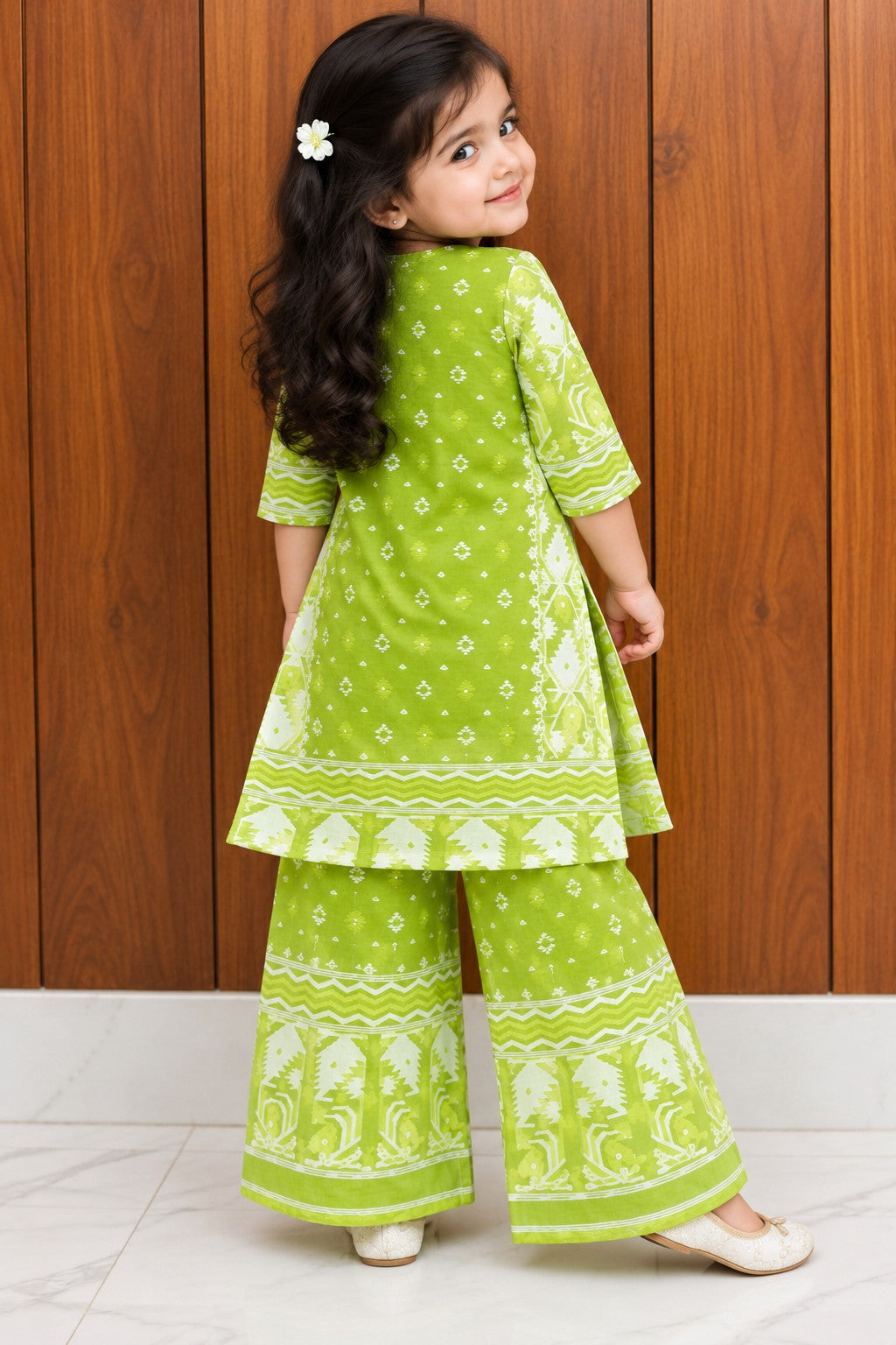 Jamdani Palazzo Set | Parrot Green