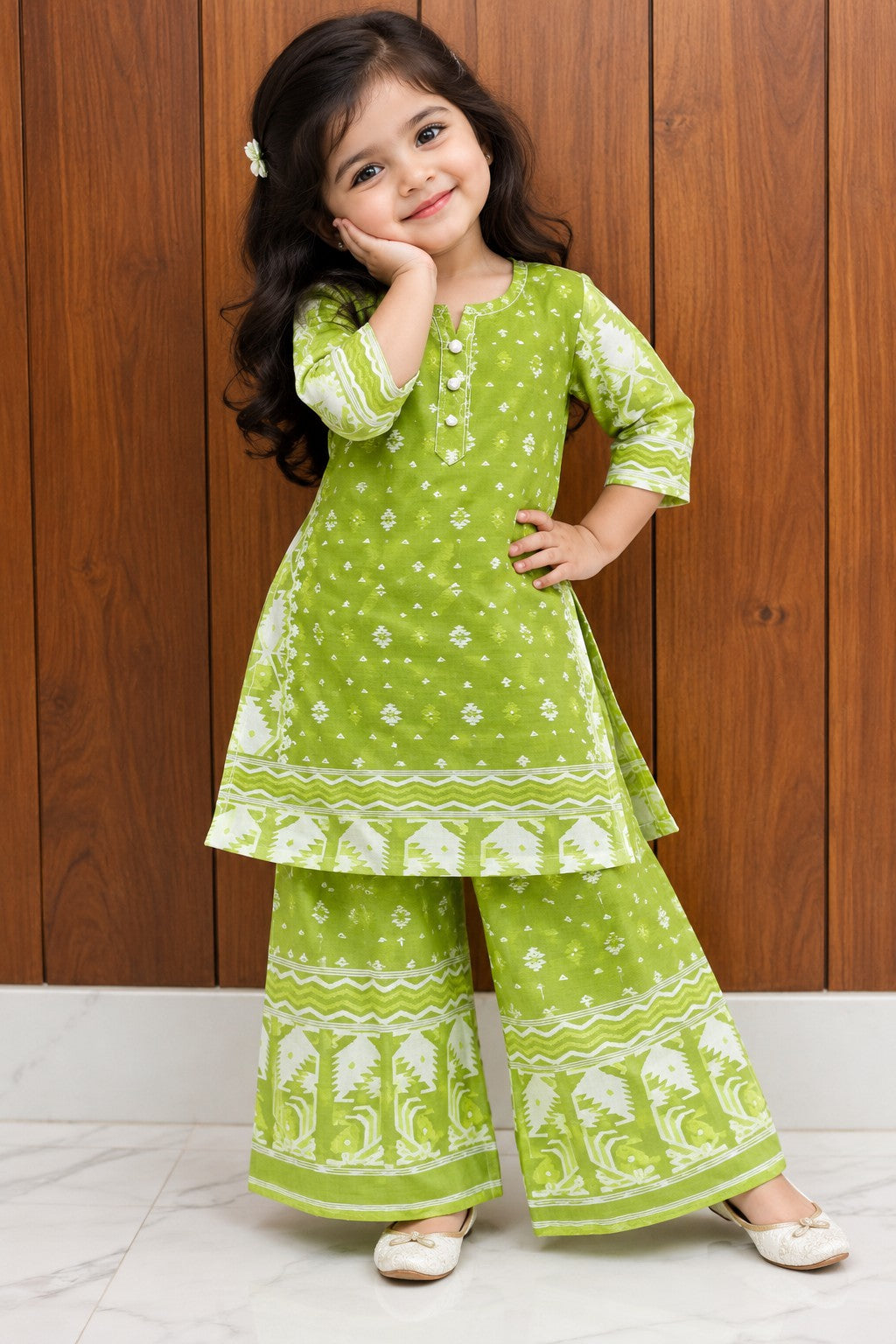 Jamdani Palazzo Set | Parrot Green