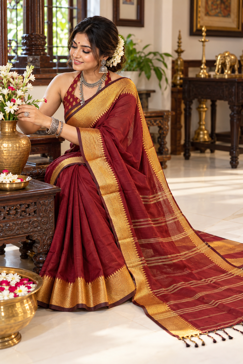 Fuliya Woven Khadi Saree - Maroon Golden
