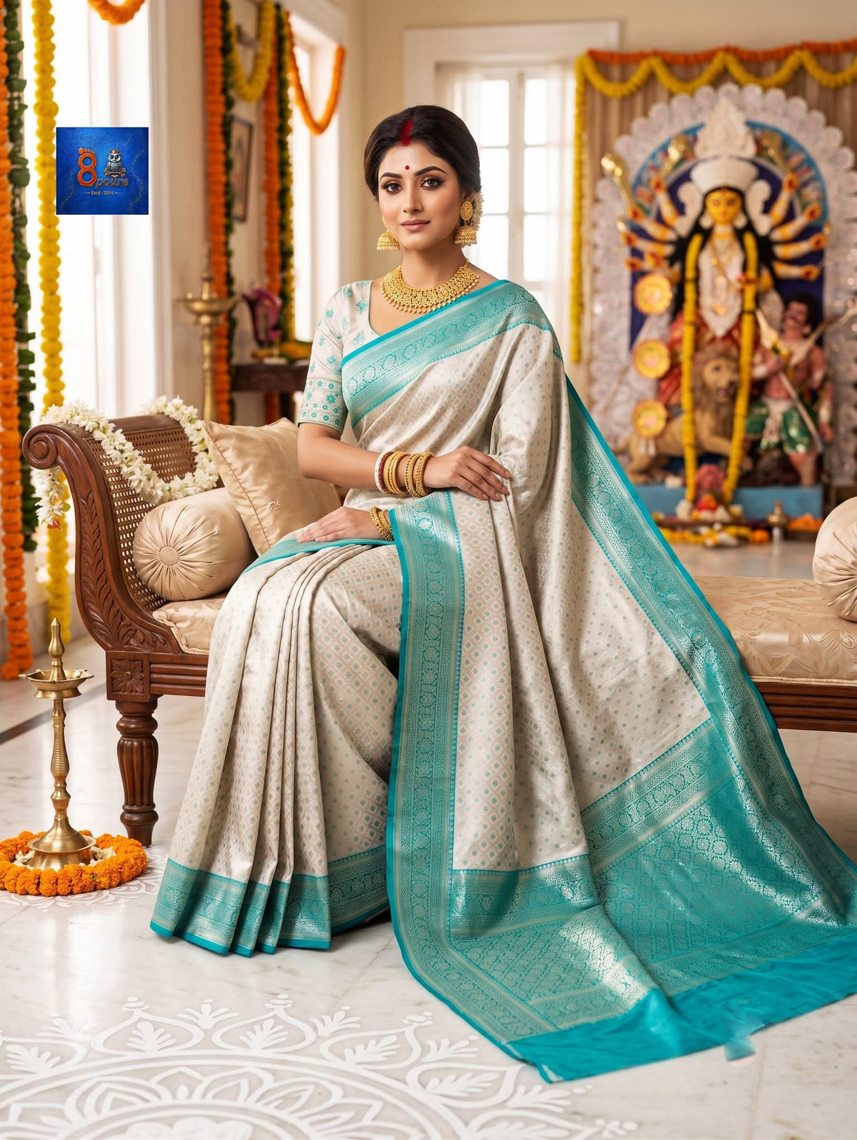 Mulberry Jacquard Silk Saree - Silk Mark - Off-white Sea-Green Border