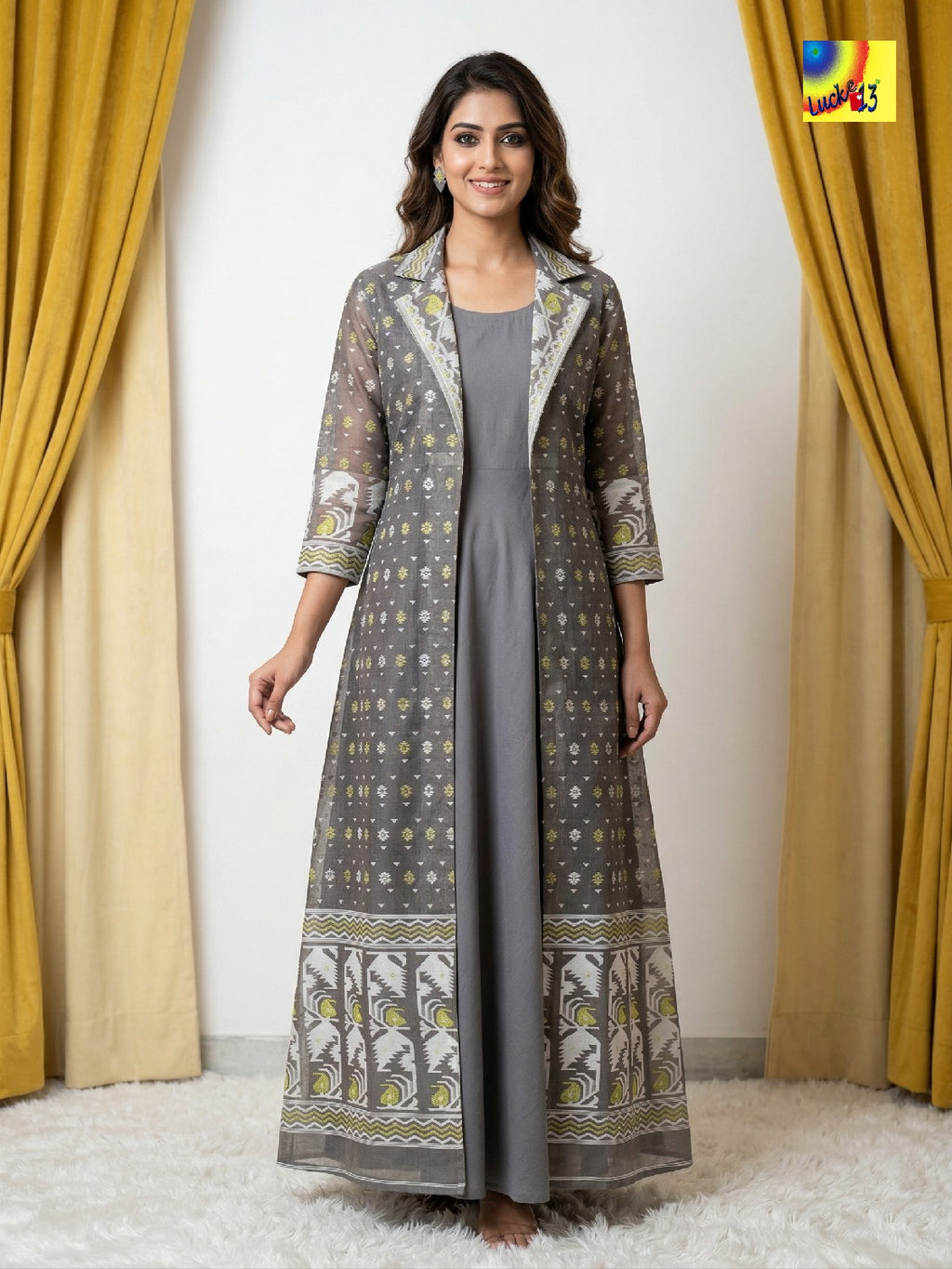 Jamdani Shrug & Cotton Sleeveless Dress set - Grey Golden Zari
