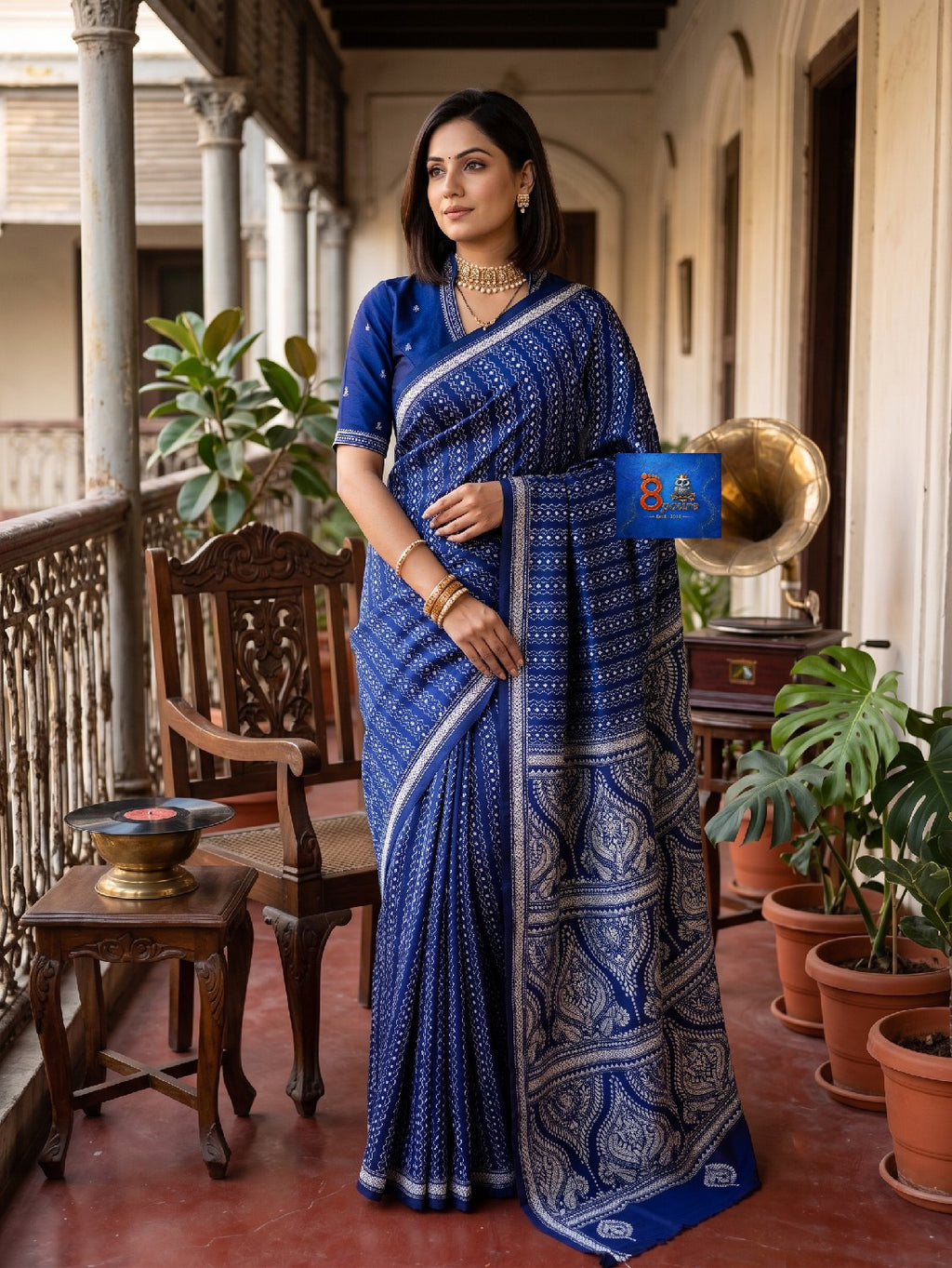 Pure Bangalore Silk Kantha Stich Saree - Royal Blue & White