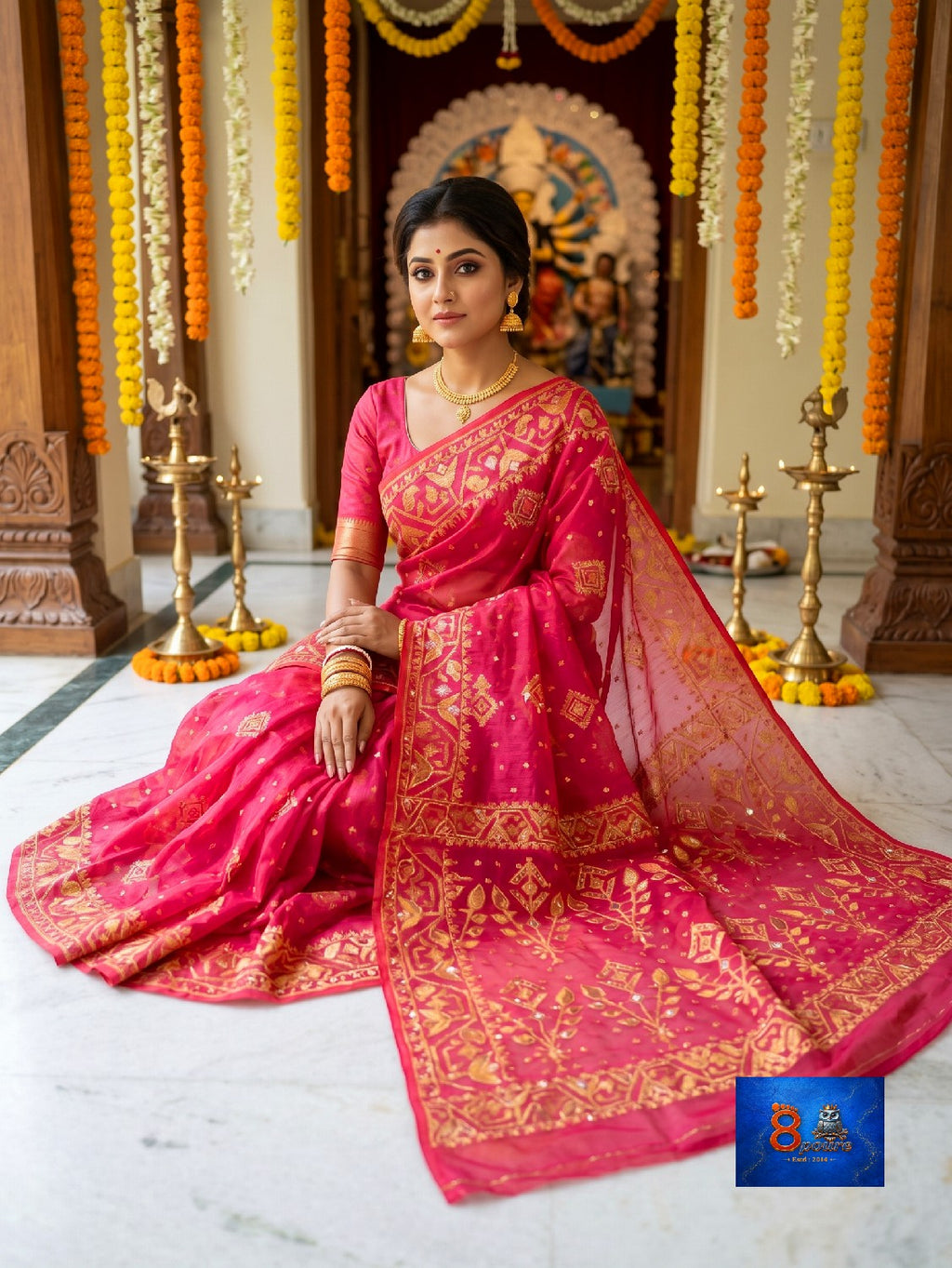 Mirror & Glass Beads Embroidered Jamdani Saree - Rani Pink