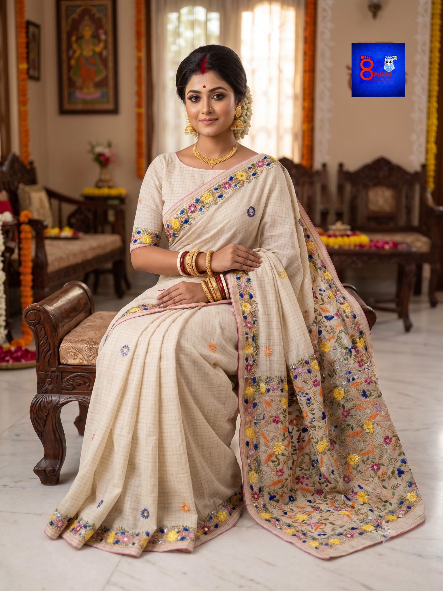 Pure Cotton Bulliyan Parshi Embroidery Saree With Contrast Blouse Piece
