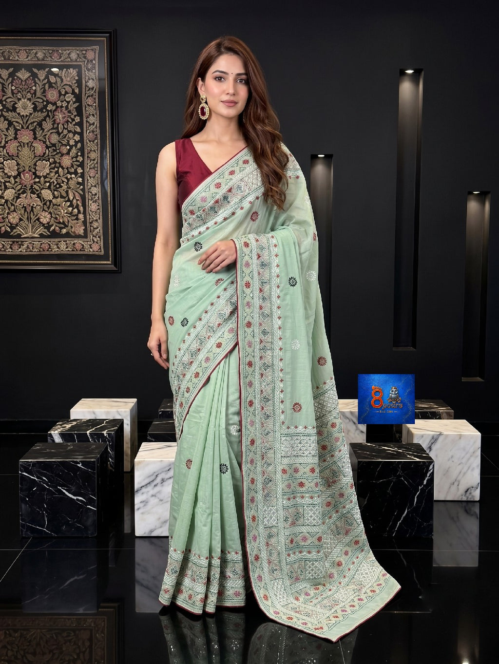 Fulia Tussare Lambani Embroidered Saree - Sage Green