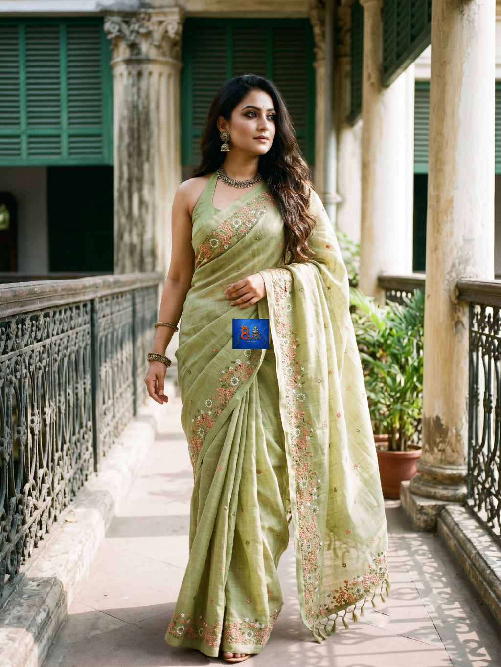 Pure Linen Kashmiri Embroidered Saree - Olive Green