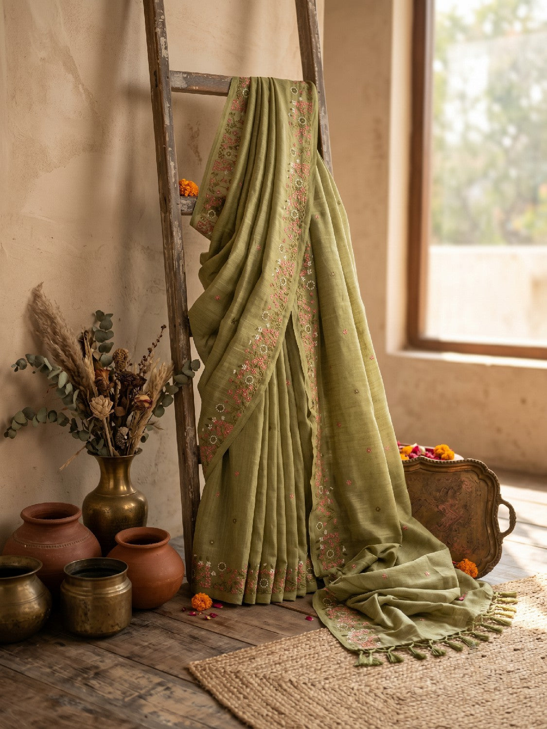 Pure Linen Kashmiri Embroidered Saree - Olive Green