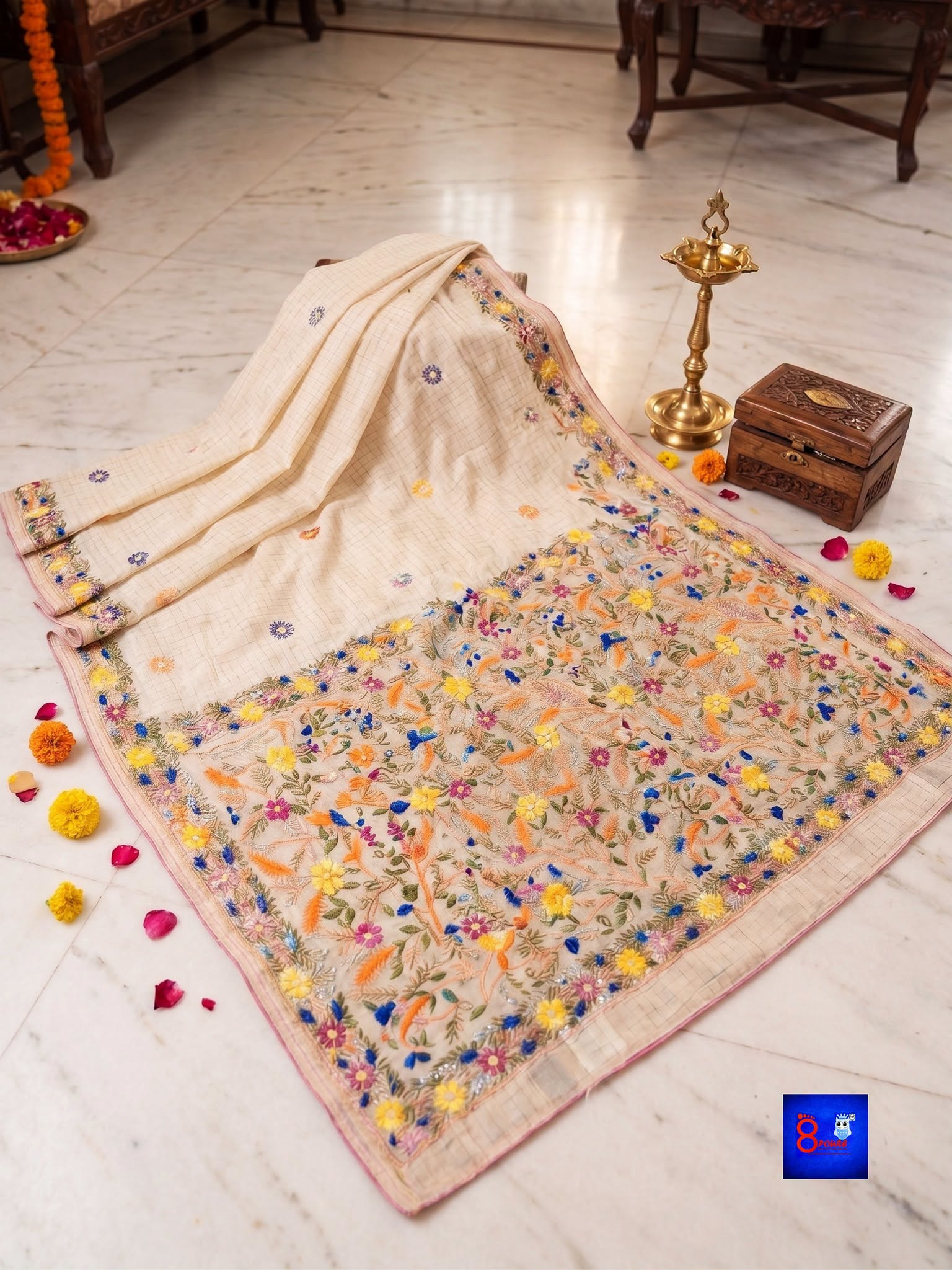 Pure Cotton Bulliyan Parshi Embroidery Saree With Contrast Blouse Piece