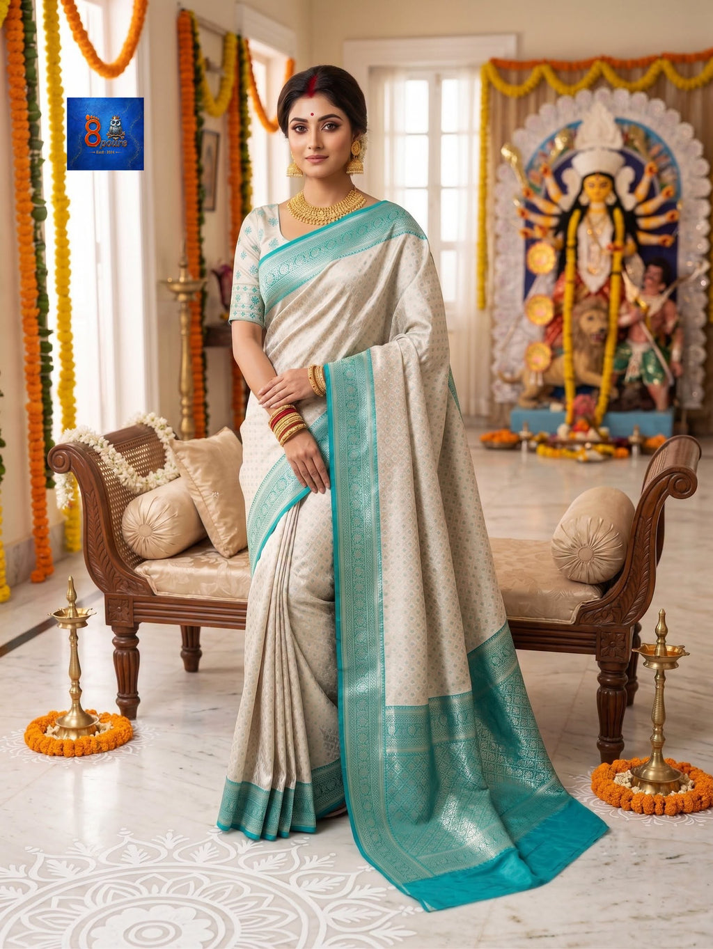 Mulberry Jacquard Silk Saree - Silk Mark - Off-white Sea-Green Border