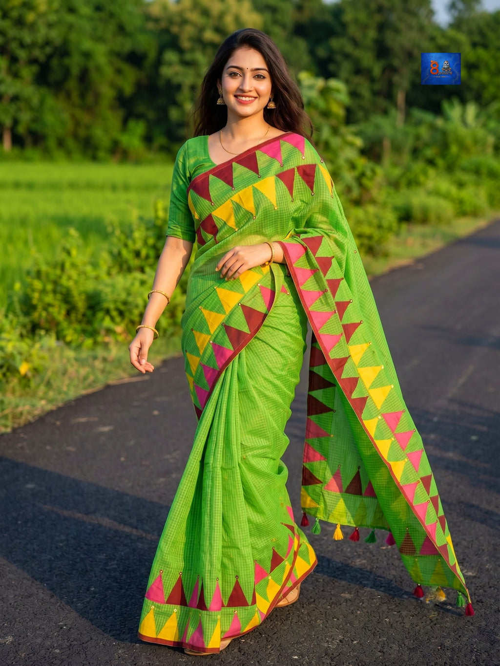 Pure Resham Cotton Applique Work Saree - Green