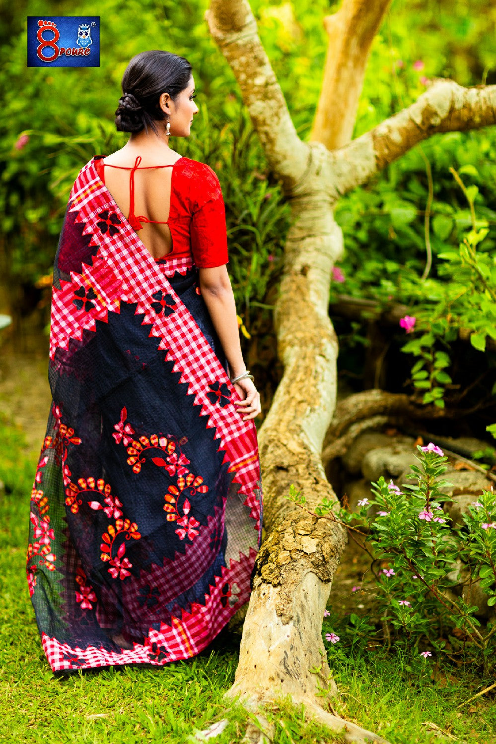 Resham Check Gamcha Applique Saree - Black