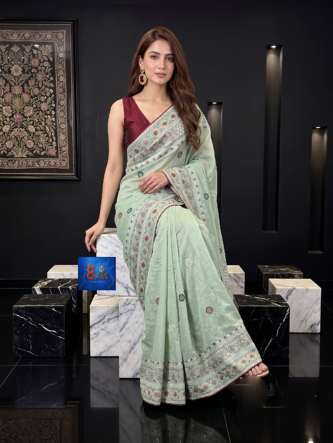 Fulia Tussare Lambani Embroidered Saree - Sage Green