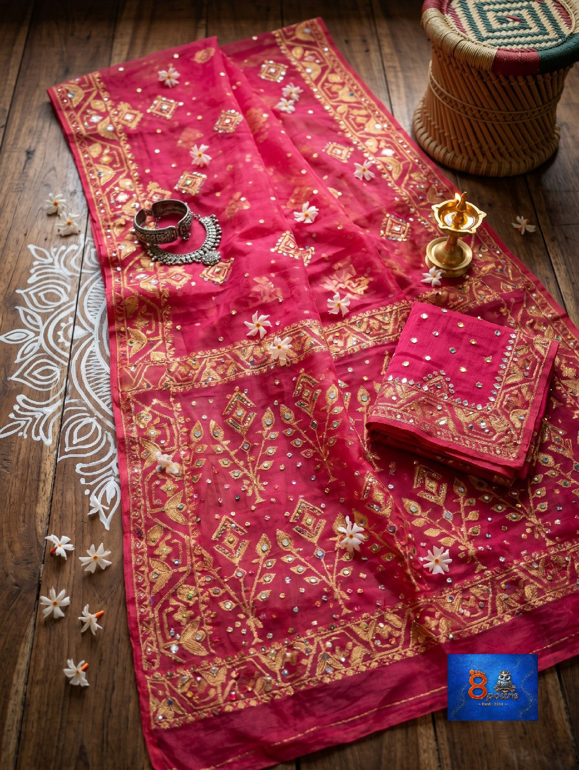 Mirror & Glass Beads Embroidered Jamdani Saree - Rani Pink