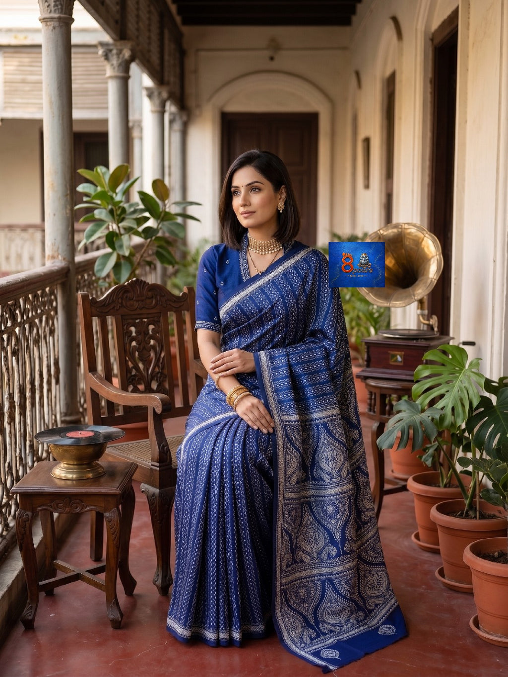 Pure Bangalore Silk Kantha Stich Saree - Royal Blue & White