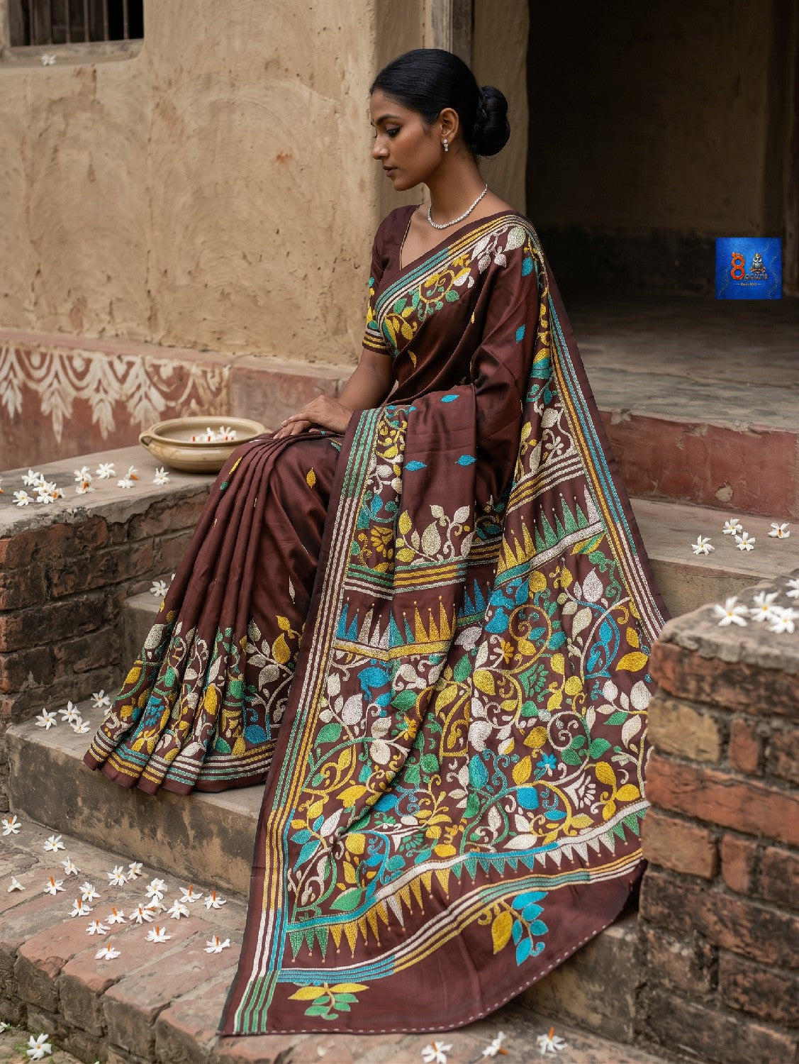 Blended Bangalore Silk Kantha Saree - Chocolate