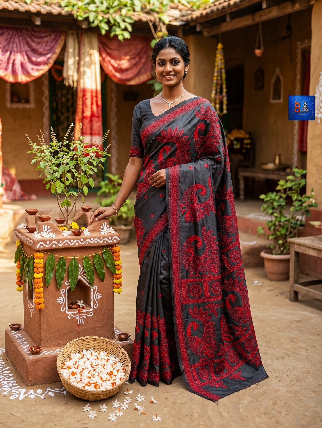 Blended Bangalore Silk Kantha Saree - Black Red