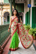 Jamkantha Saree - Parrot Green & Off-White