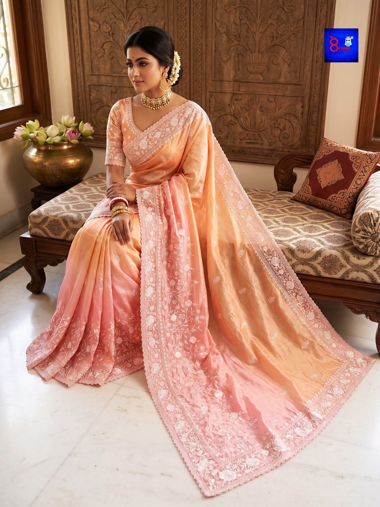 Chiffon Tissue Chikankari Parshi Embroidered Saree
