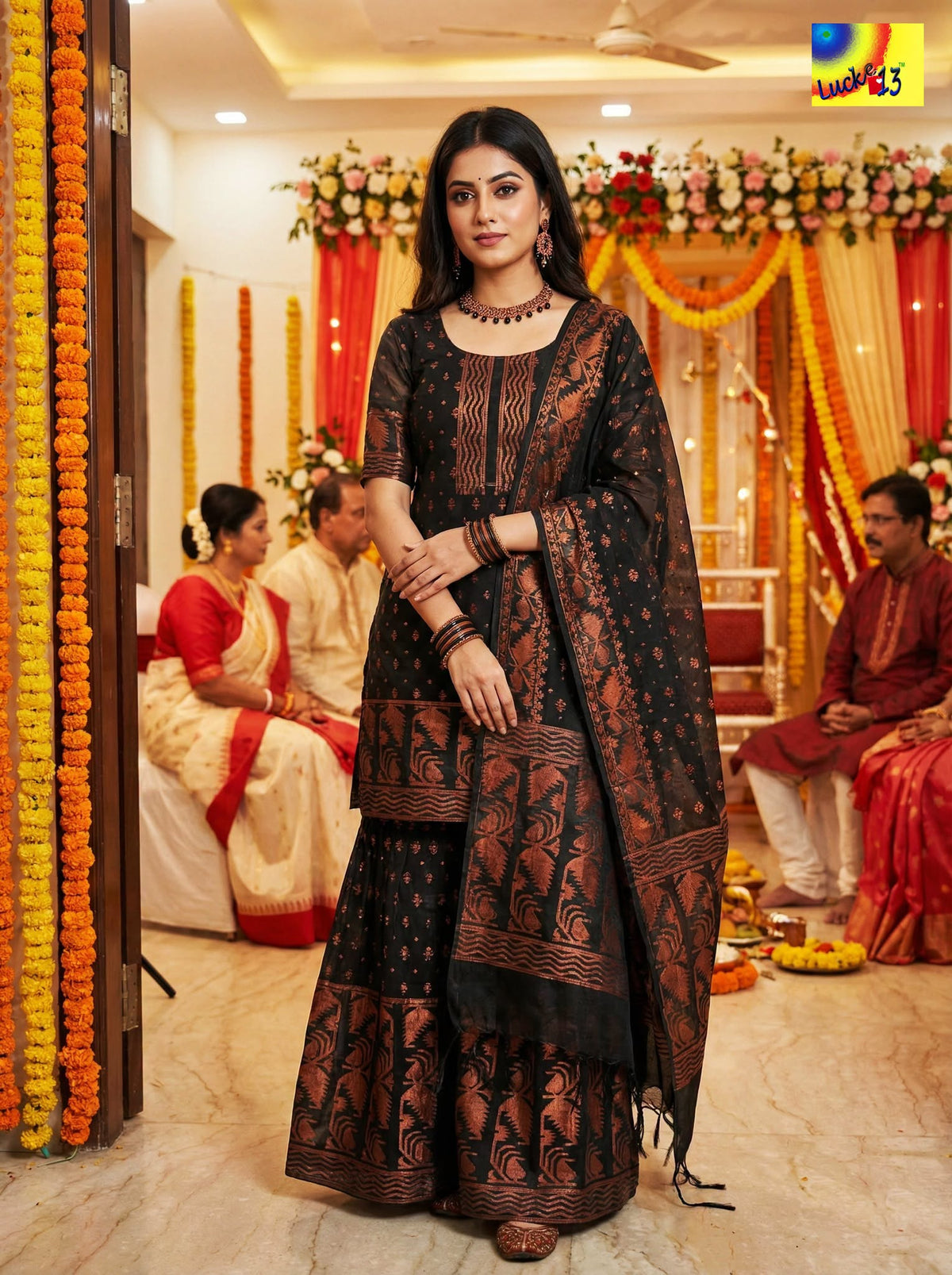 Jamdani Sharara 3-Piece Set - Black Copper Zari