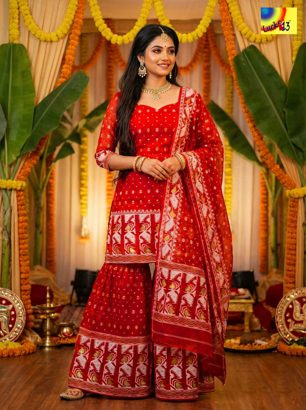Jamdani Sharara 3-Piece Set - Red White Golden Zari