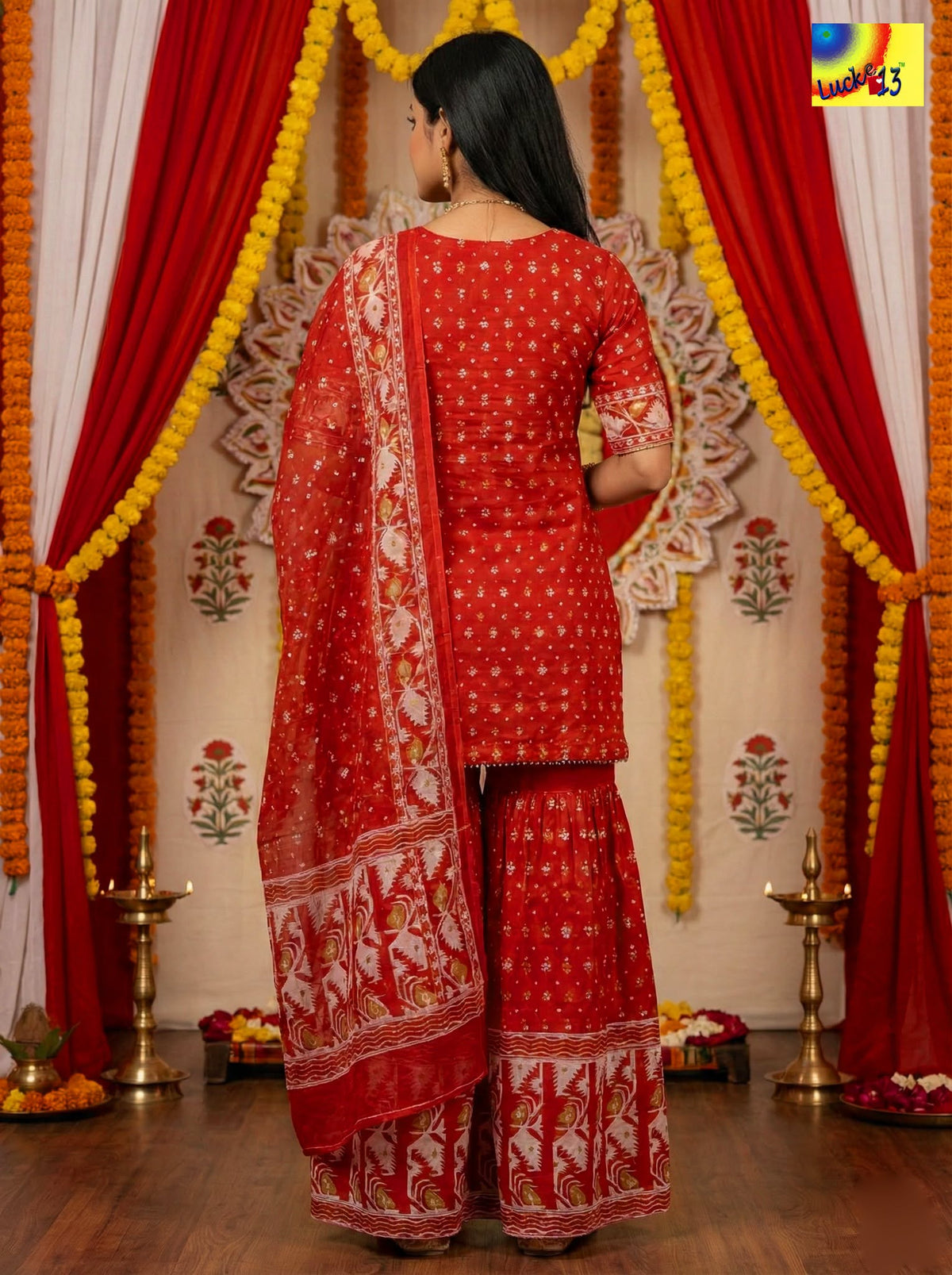 Jamdani Sharara 3-Piece Set - Red White Golden Zari