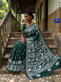 Blended Bangalore Silk Kantha Saree - Bottle Green