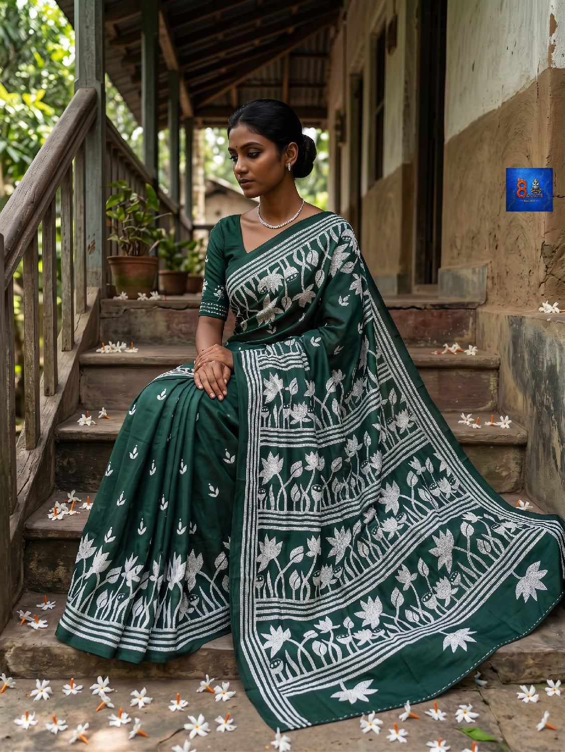 Blended Bangalore Silk Kantha Saree - Bottle Green