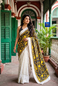 Jamkantha Saree - White & Navy Blue