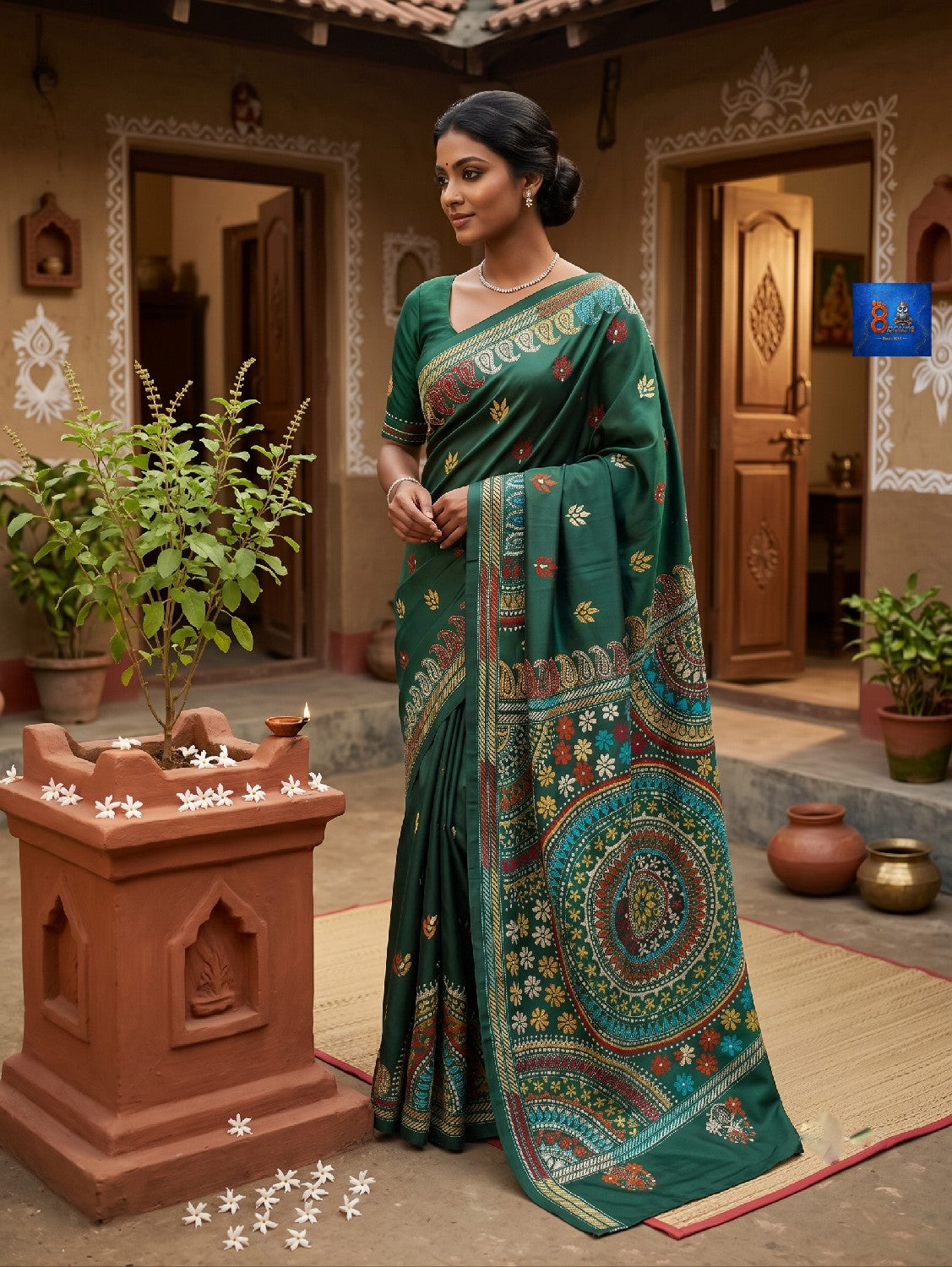 Blended Bangalore Silk Kantha Saree - Leaf Green