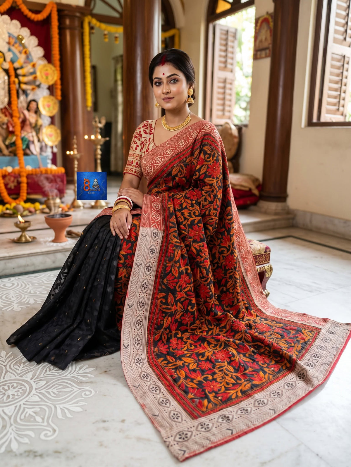 Jamkantha Saree - Black Multi-Colour