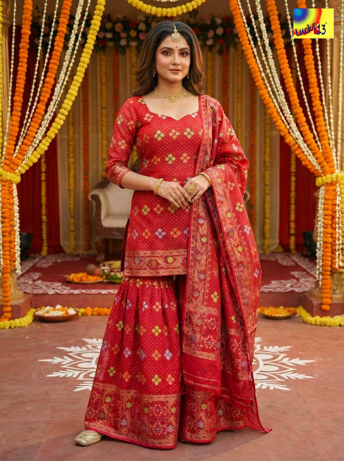 Jamdani Sharara 3-Piece Set - Red Zari