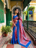 Jamkantha Saree - Firozi Blue & Red