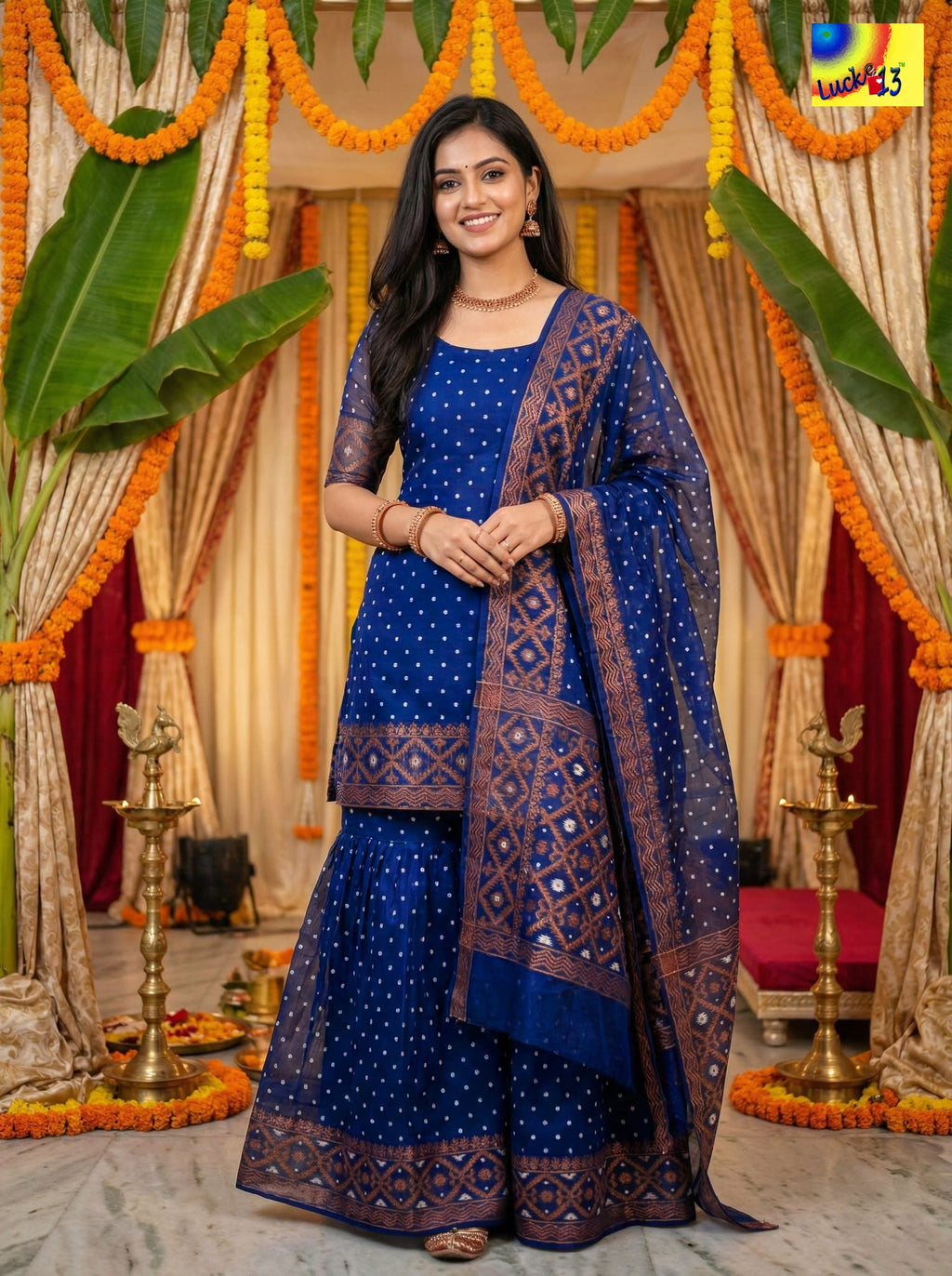 Jamdani Sharara 3-Piece Set - Royal Blue Copper Zari