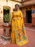 Blended Bangalore Silk Kantha Saree - Bright Yellow