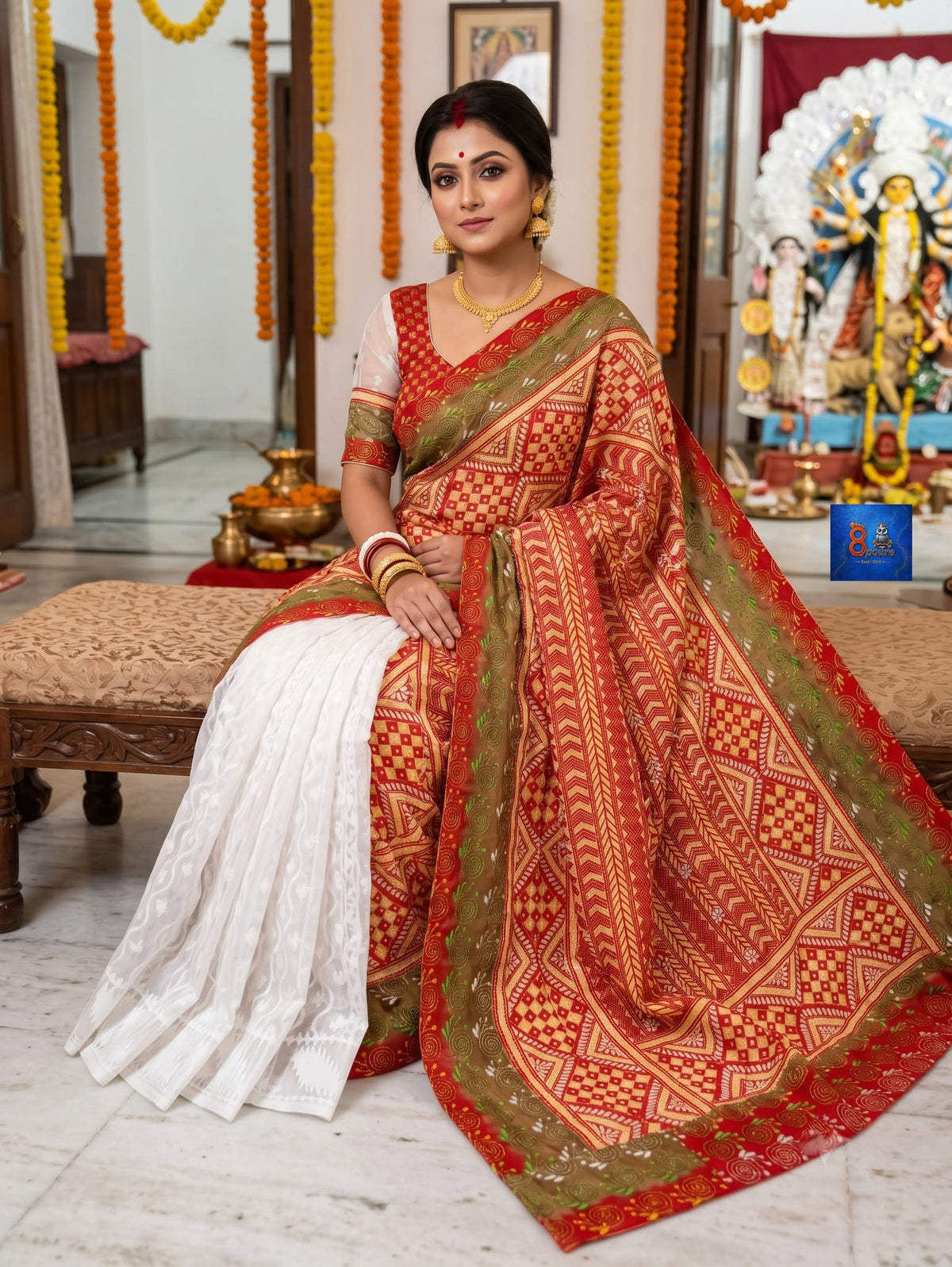 Jamkantha Saree - White & Red