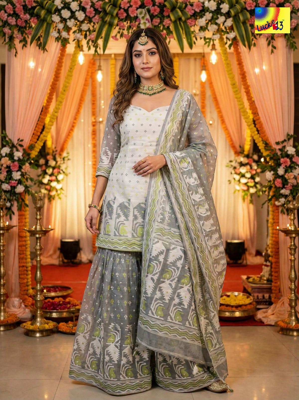 Jamdani Sharara 3-Piece Set - White Grey