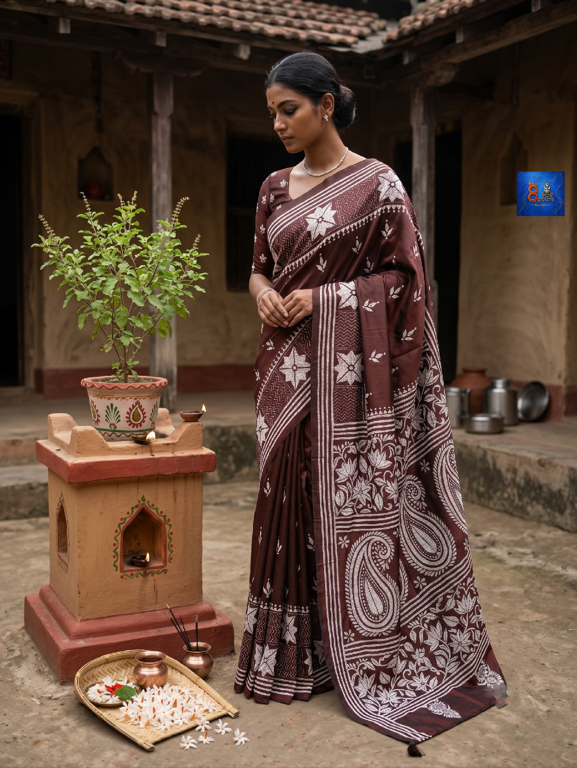 Blended Bangalore Silk Kantha Saree - Dark Chocolate