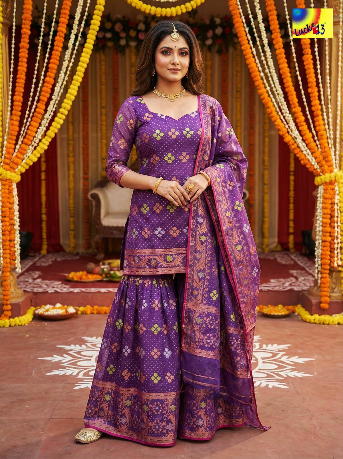 Jamdani Sharara 3-Piece Set - Purple Zari