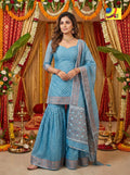 Jamdani Sharara 3-Piece Set - Sky Copper White