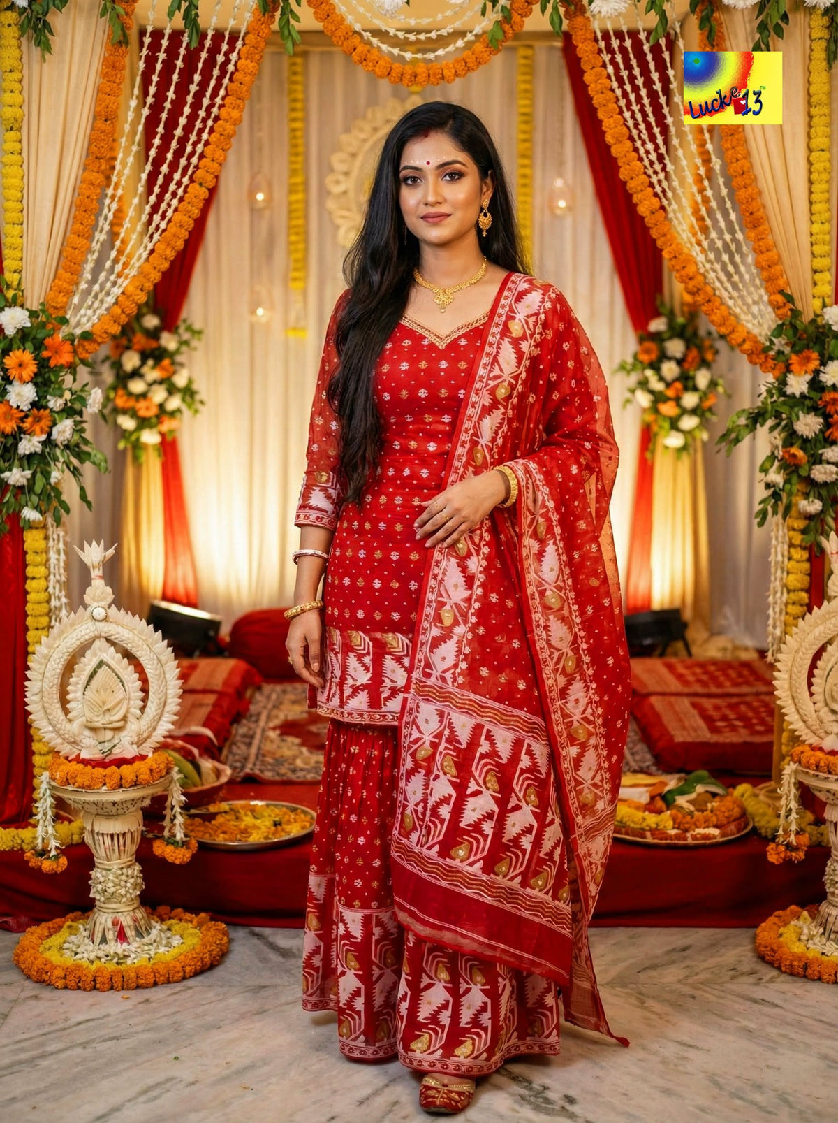 Jamdani Sharara 3-Piece Set - Red White