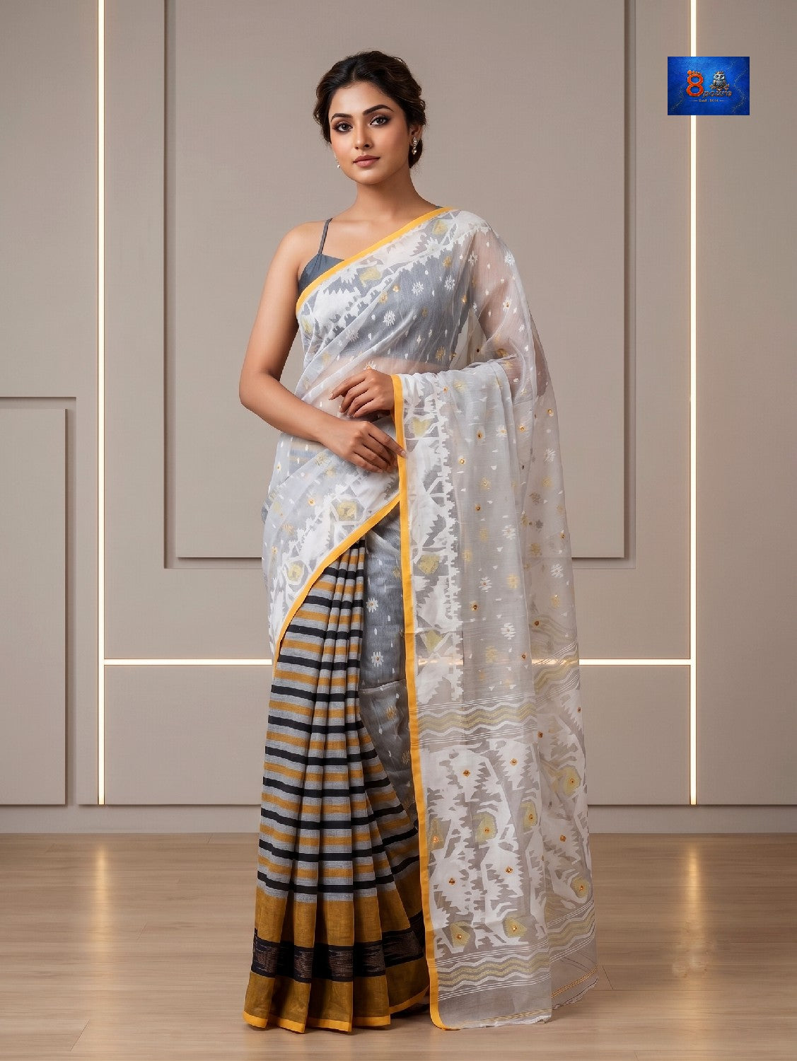 Mirror Jamdani Saree - White with yellow border